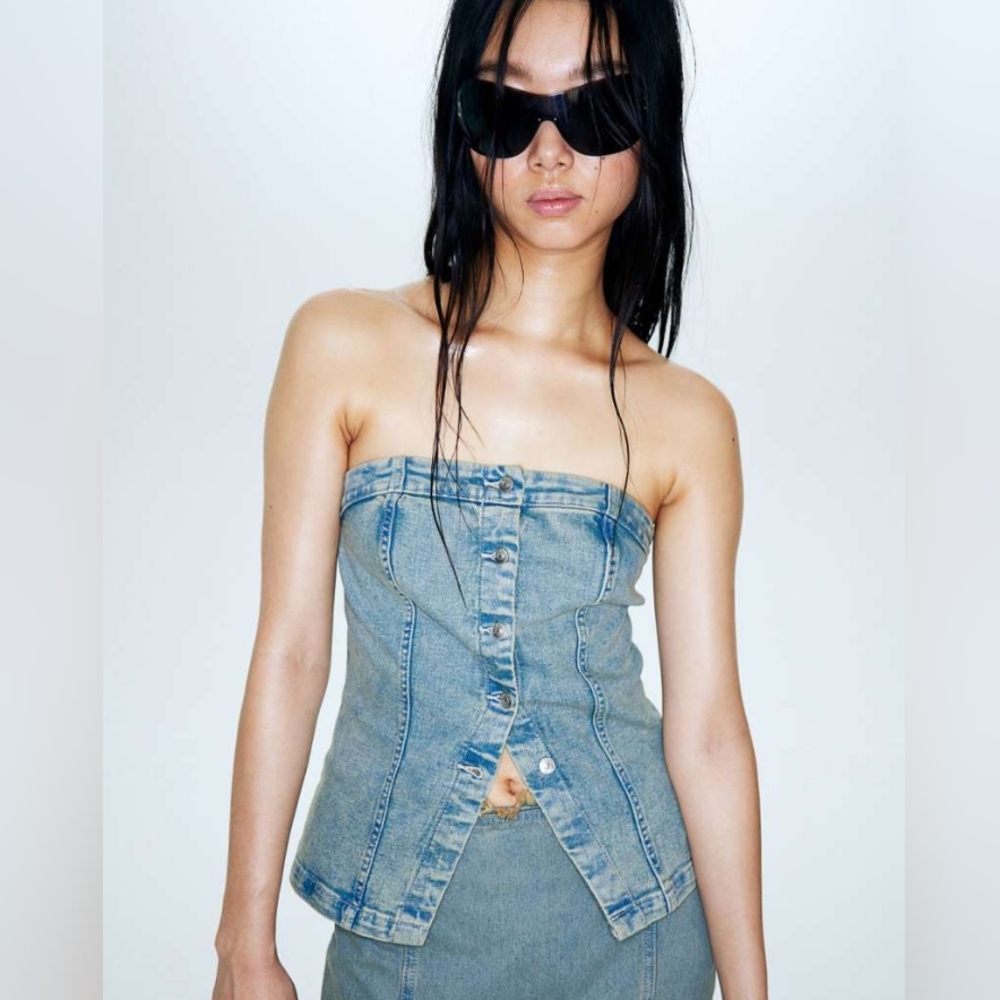 H&M denim bandeau/strapless top sz L BNWT